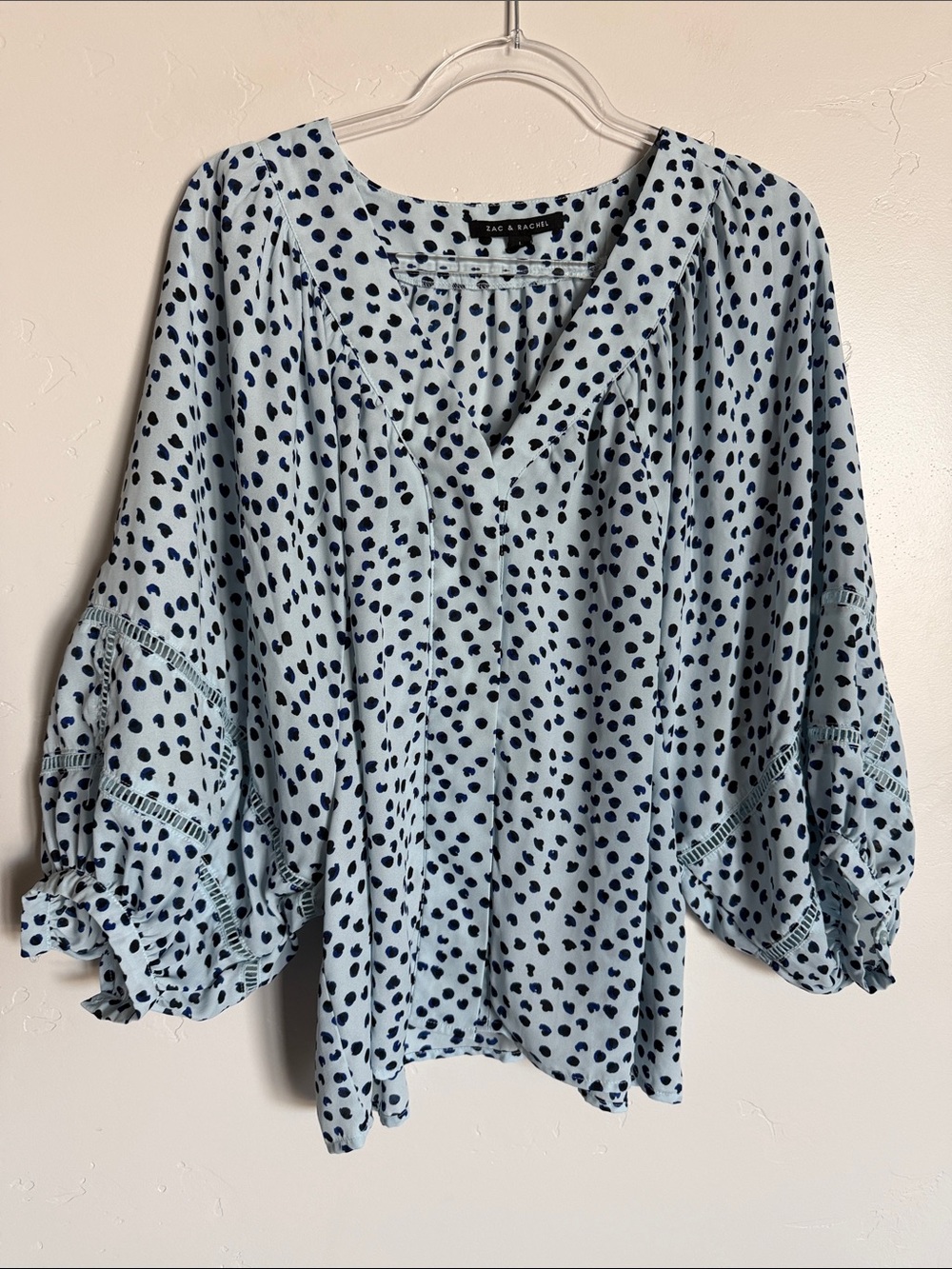 Zac & Rachel Light Blue Button-Down Blouse with Navy Dot Print